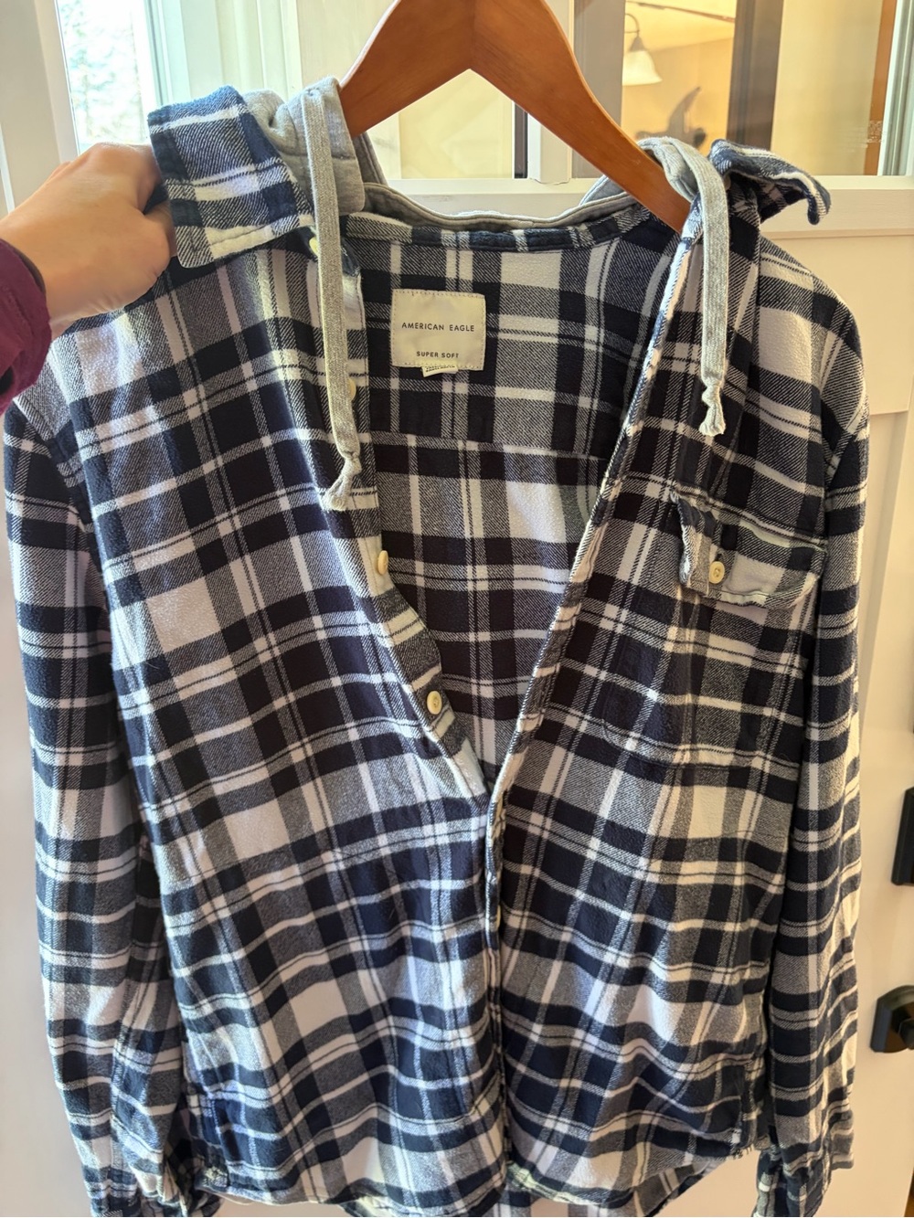 American Eagle Black and White Plaid Hooded Shirt